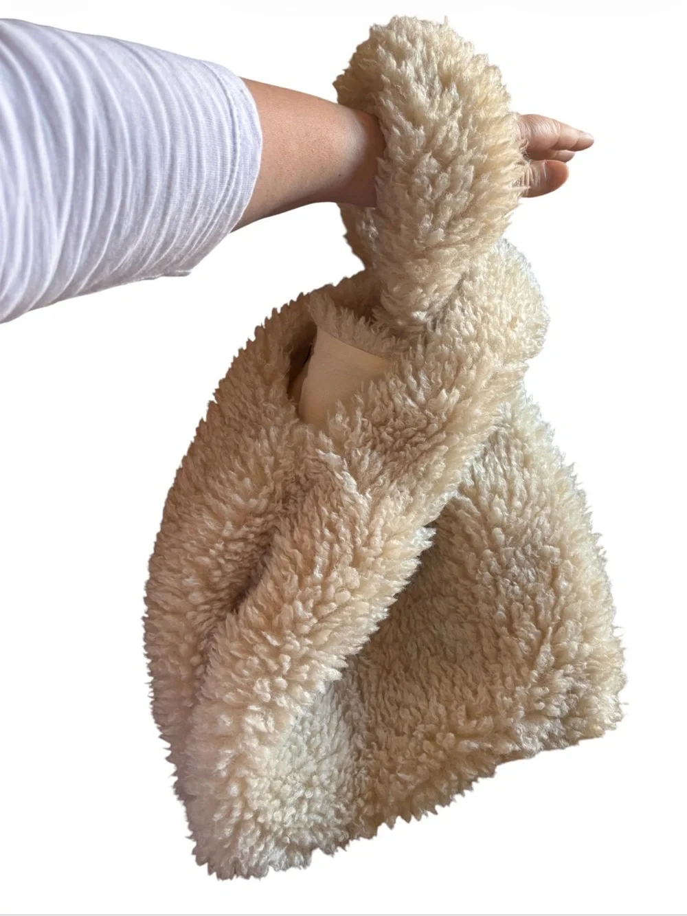 FP One Cream Faux Sherpa Tote Bag Teddy Texture Boho Minimalist Cottagecore
